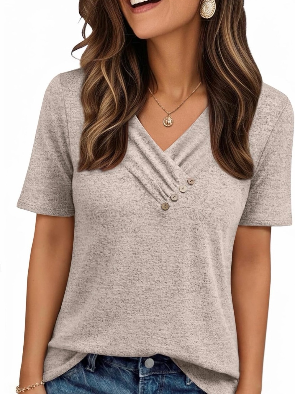 Soft V-Neck Short Sleeve Top with Button Trim -‎ Taupe